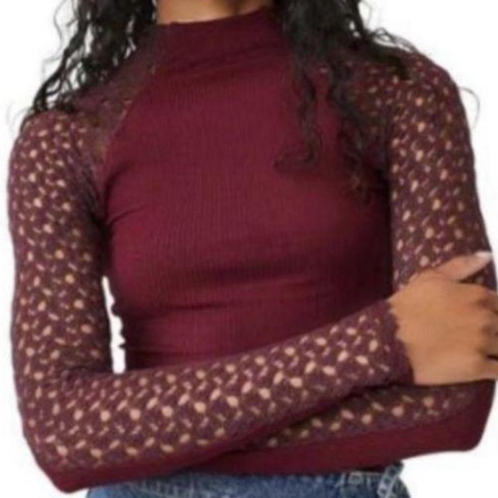 NWT Free People Lace Sleeve Clemente Top in Sweet Raisin L